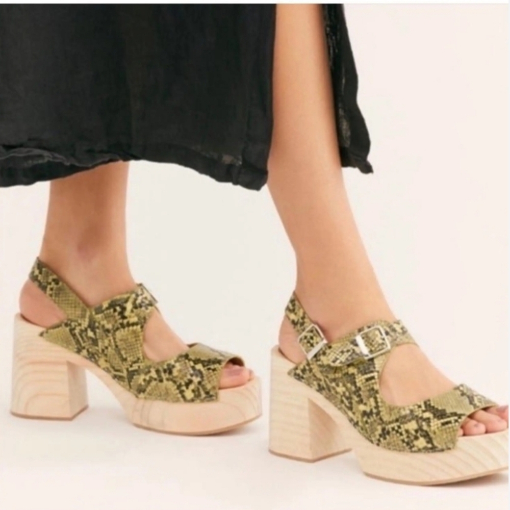 Free People Snake Print Buckle Open Toe Heeled Clogs Sandals Size 36